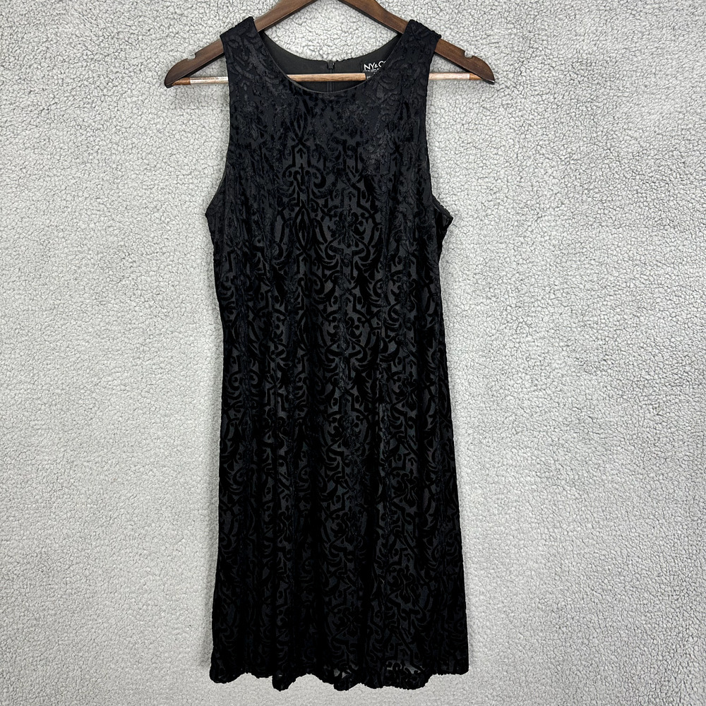 NY & Co Shift Dress Womens 8 Black Geometric Velvet Burnout Whimsigoth Vtg Y2K